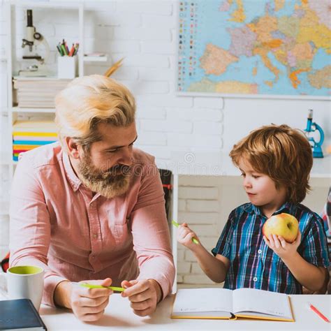Father Teaching Son Cute Little Boy Study And Learn With Teacher Dad