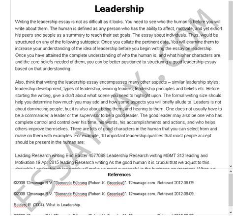 Below you can find samples of thesis/dissertation papers, as well as samples of single chapters and proposals completed by our writers. Leadership Essay Example for Free - 1034 Words | EssayPay