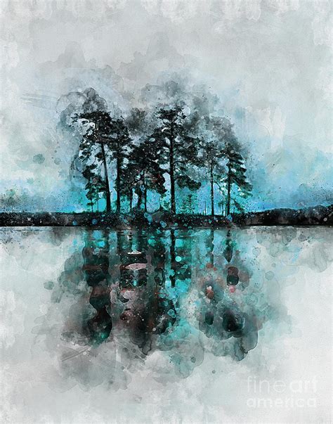 Abstract Trees On Water Charcoal And Arctic Blue Reflection Painting