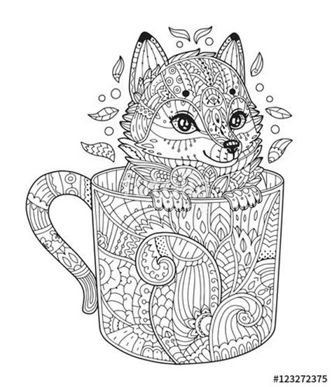 Check spelling or type a new query. Vector: Fox in cup. Adult antistress coloring page with ...