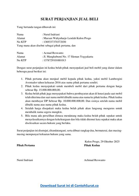 Contoh Surat Perjanjian Jual Beli Sederhana - Contoh Surat Resmi
