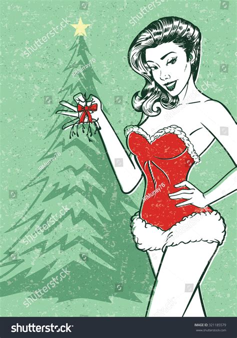 Retro Christmas Pinup Vector Illustration Sexy Stock Vector 321185579