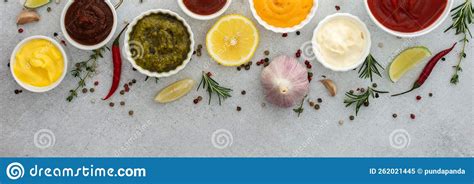 Different Types Of Sauces In Bowls Stock Image Image Of Mustard