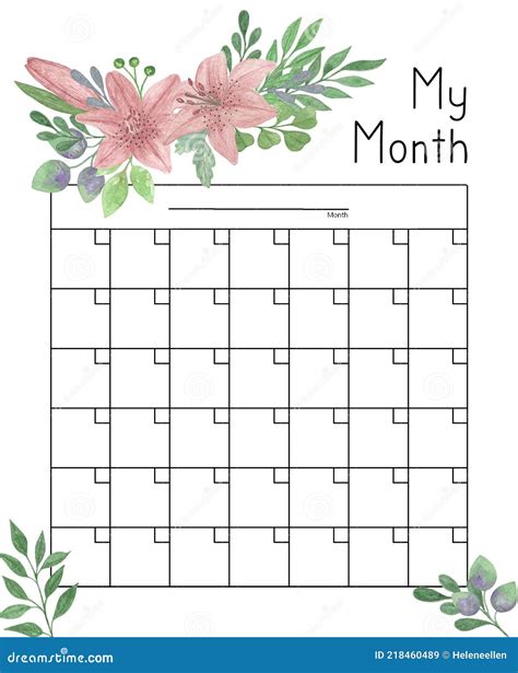 Calendar Grid Floral Ornament Watercolor Illustration Blank Printable