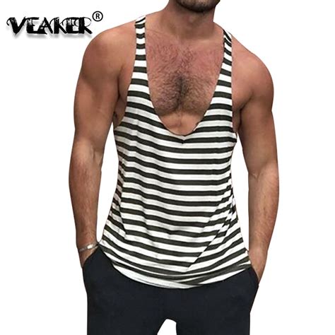 2020 Sexy Summer Deep V Neck Stripe Tank Sleeveless Shirt Muscle