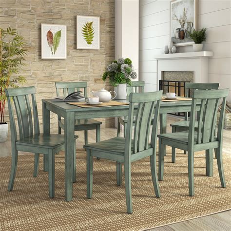Lexington Large Wood Dining Set With 6 Slat Back Chairs Dark Sea Green