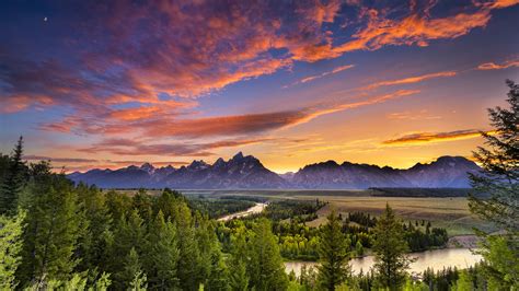 Wallpaper Grand Teton National Park Wyoming River Forest Sunset