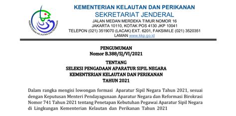 RINCIAN FORMASI DAN PERSYARATAN CPNS DAN PPPK KEMENTERIAN KELAUTAN DAN