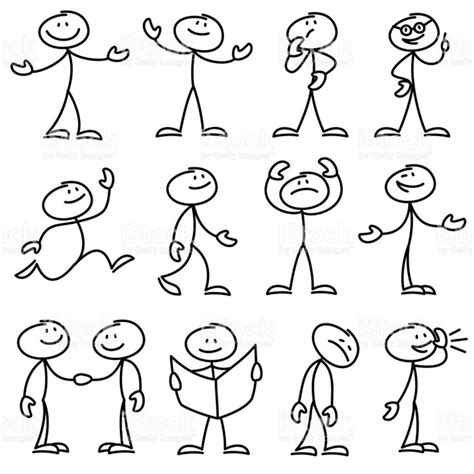 Cartoon Hand Drawn Stick Man In Different Poses Vector Set Cartoon