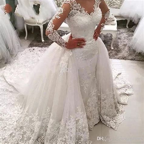gorgeous long sleeve beads mermaid wedding dresses detachable skirt lace overskirt plus size