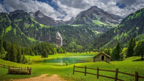 Альпы забор лес озеро Швейцария водопад природа обои скачать обои для
