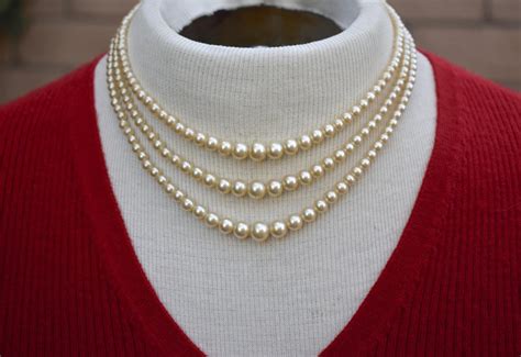 Three Strand Graduated Faux Pearl Necklace With Sterling Box Etsy