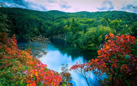 Autumn Forest Lake Trees Waterfalls Landscape Hd Desktop Wallpaper