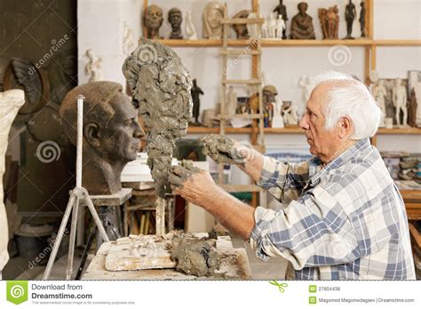 Sculpting clay comprises two main ingredients; Senior Sculptor Making Sculpture Sideview Stock Photo ...
