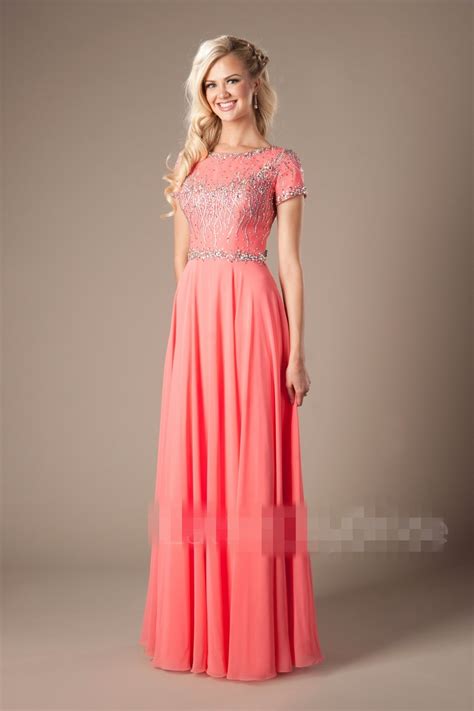 Aliexpress Buy Coral Blue Beaded Chiffon Modest Prom Dresses