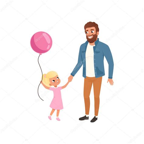 Sonriente El Padre Y Su Pequeña Hija Con Globo Rosa