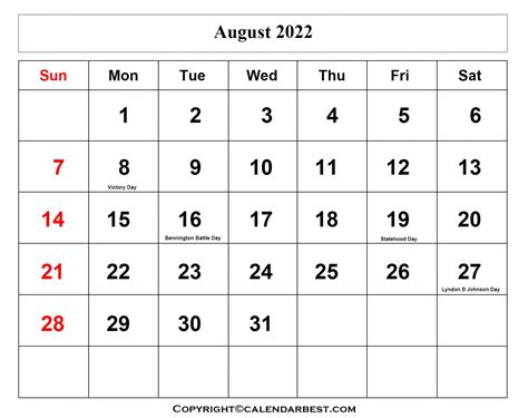 Blank Calendar Template August 2022 Month Calendar Printable