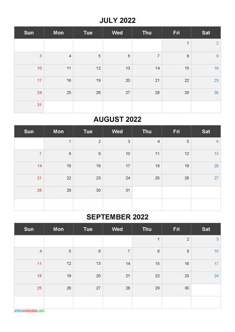 July August September 2022 Calendar Printable Q1 Q2 Q3 Q4