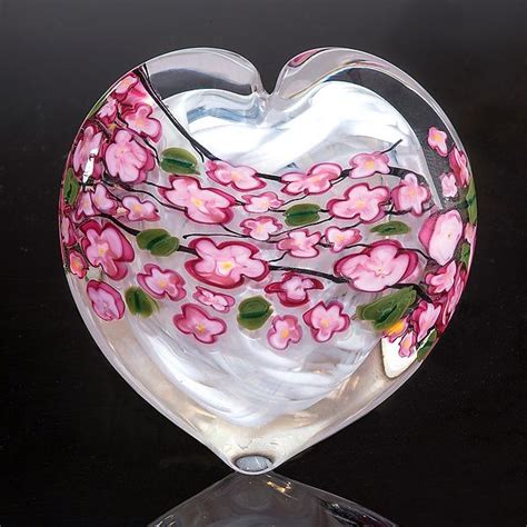 Cherry Blossom Heart On White By Shawn Messenger Art Glass Paperweight Artful Home Art