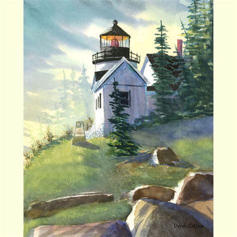 Bass Harbor Lighthouse Painting Print Maine Bar Harbor Acadia Nautical