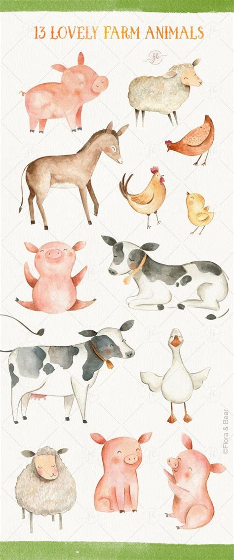 Farm Animals Watercolor Clipart Digital Download Printable Etsy Uk