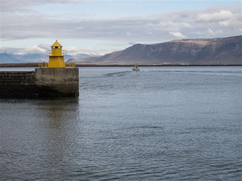 Reykjavik Harbor Yellow Lighthouse Stock Photo Image Of Maritime