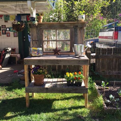 Potting Bench Made With Pallets And An Old Window Rustic Potting