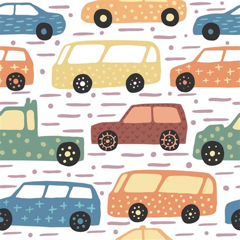 Seamless Pattern With Hand Drawn Cute Car Doodle Cars Vector