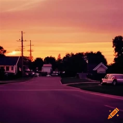 Suburban Midwest Neighborhood In The Early 2000s During Sunset In The