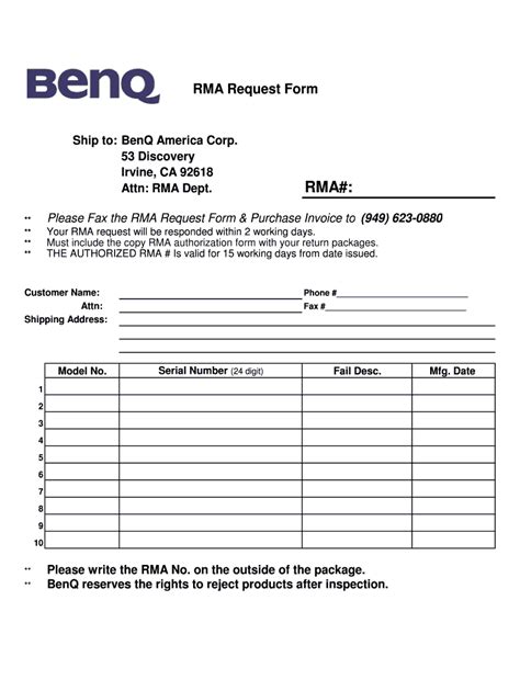 Rma Request Form Ship To Benq America Corp Fill And Sign Printable