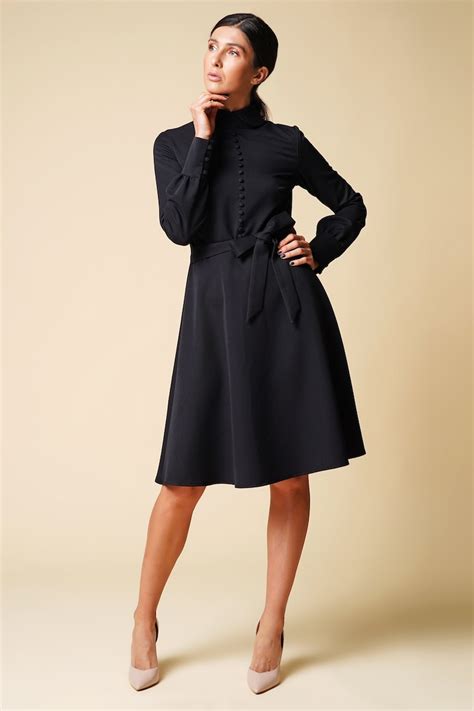 High Rounded Collar Long Sleeve Dress Covered Button Fit And Etsy