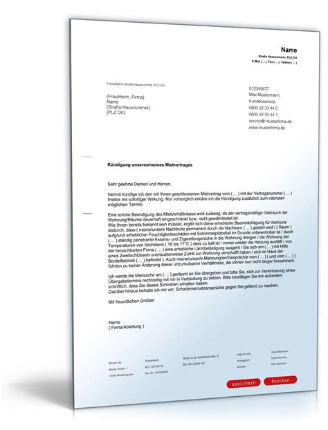 Das bedeutet, dass ein mieter oder vermieter fristlos das mietverhältnis kündigen kann, wenn der kündigungsgrund dauerhaft nicht behoben werden kann und eine zumutung, die frist einer ordentlichen kündigung einzuhalten, nicht tragbar ist. Kündigung Mietvertrag (fristlos, Mieter) ⋆