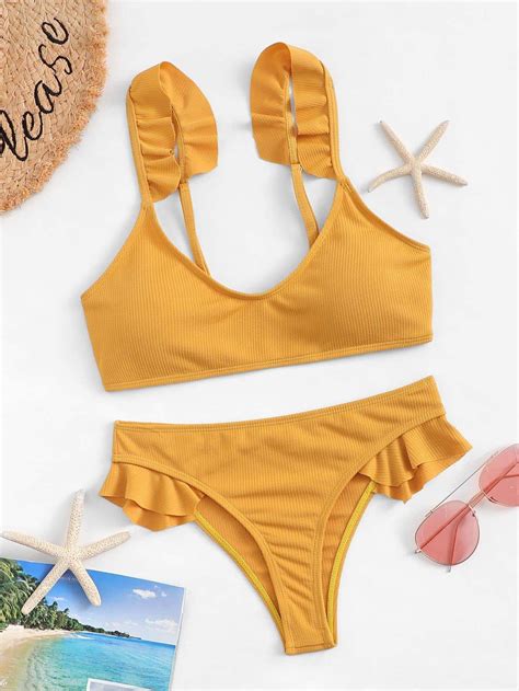 Rib Top With Ruffle Detail Bikini Set Swimwear Beachwear Women