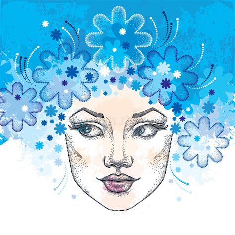Dotted Beautiful Woman Face With Snowflakes On The Blue Background