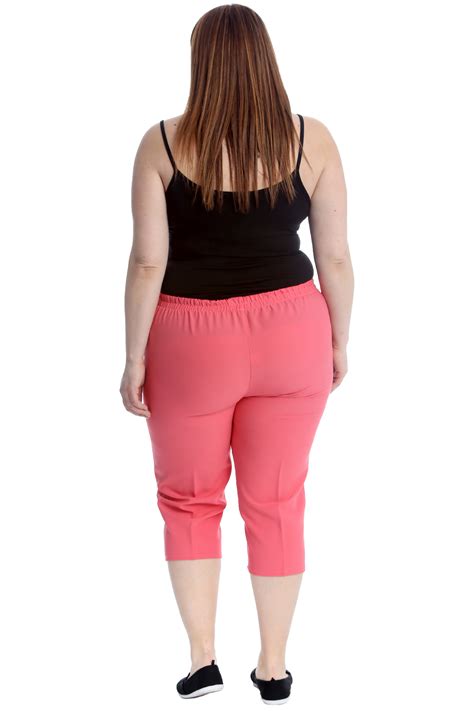 new womens plus size trousers cropped pants elasticated waist capri style pocket ebay