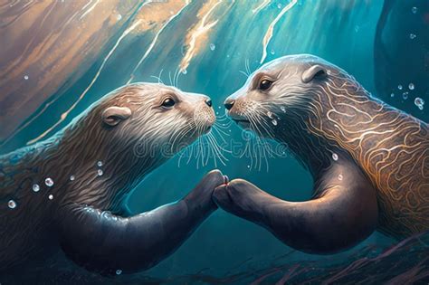 Love Knows No Bounds Pair Of Curious Otters Swimming Side By Side Holding Paws And Exploring