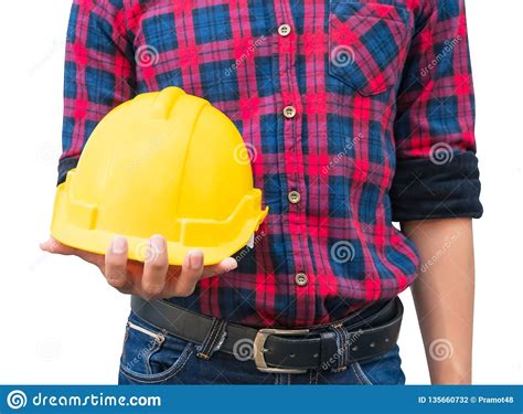 Engineer Hold Yellow Safety Helmet Plastic Construction Concept On