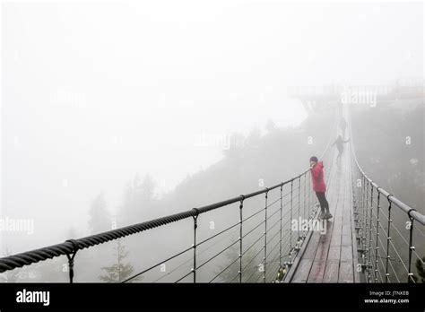 A Women Looks Over A Suspension Bridge On A Rainy Fall Day In Squamish