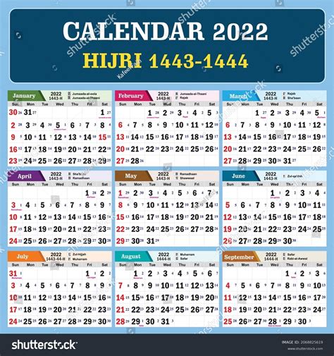 Kalender 2022 Mit Hijri Islamischer Datumlunar Stock Vektorgrafik