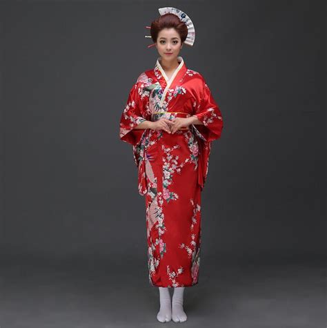 Tradicional Vermelho Mulheres De Cetim De Seda Kimono Yukata Com Obi Dan A Desempenho Vestido