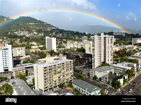 Rainbow Over The Makiki Neighborhood In Honolulu Hawaii On The Island