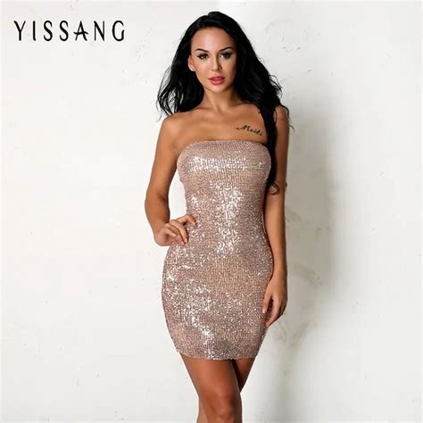 Yissang Off Shoulder Sexy Mini Dress Women Strapless Sequin Dresses