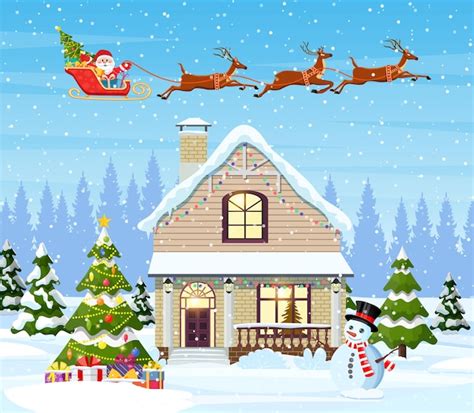 Premium Vector House In Snowy Christmas Landscape