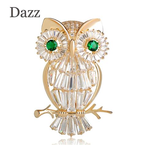 Dazz Cubic Zircon Owl Shape Brooch Gold Color Wedding Bridal Dress Copper Brooches Cute Bird