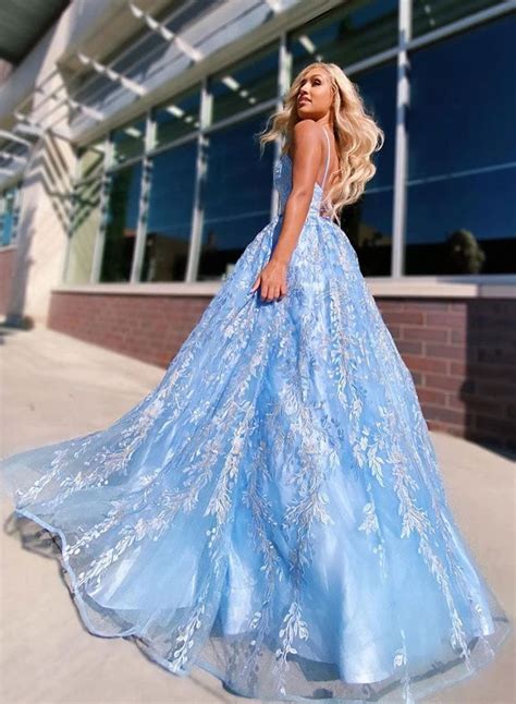 Flowy Ball Gown Light Blue Spaghetti Straps Lace Appliques Prom Dress Promdress Me Uk
