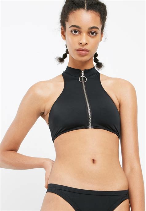 Zip Front Sporty Bikini Set Black Missguided Bikinis Superbalist Com