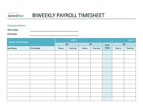 Biweekly Payroll Timesheet Timesheet Template Schedule Template
