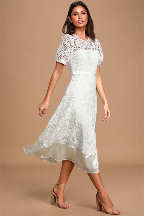 Pretty White Crochet Lace Dress Puff Sleeve Midi Dress Lulus