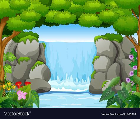 Waterfall Landscape Background In Forest Vector Image