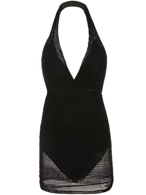 Black M Trendy Halter Solid Color See Through One Piece Womens